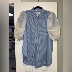 Anthropologie Blue Striped Button Down Shirt with Sheer Sleeves
